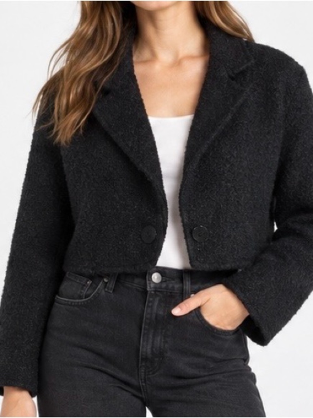 Vintage Jaeger London Black Wool Cropped Blazer Jacket UK 12 Made in Britain